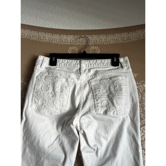 Tory Burch Women's Jeans Size 29 White Stretch Logo Straight Leg Low Rise Ankle - Picture 2 of 8